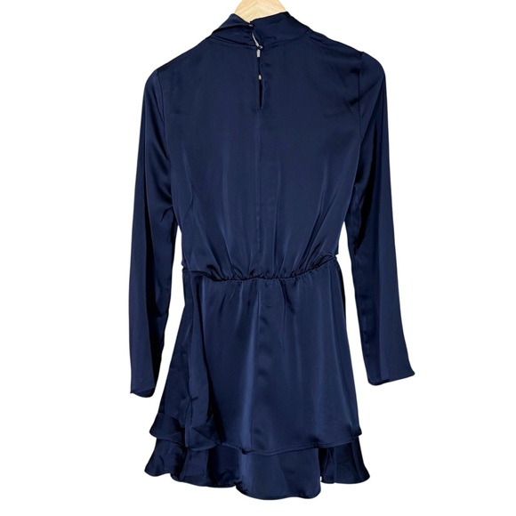 Commense Navy Satin Cross Neck Tiered Mini Dress  Cocktail Party Medium NWT - Picture 4 of 9